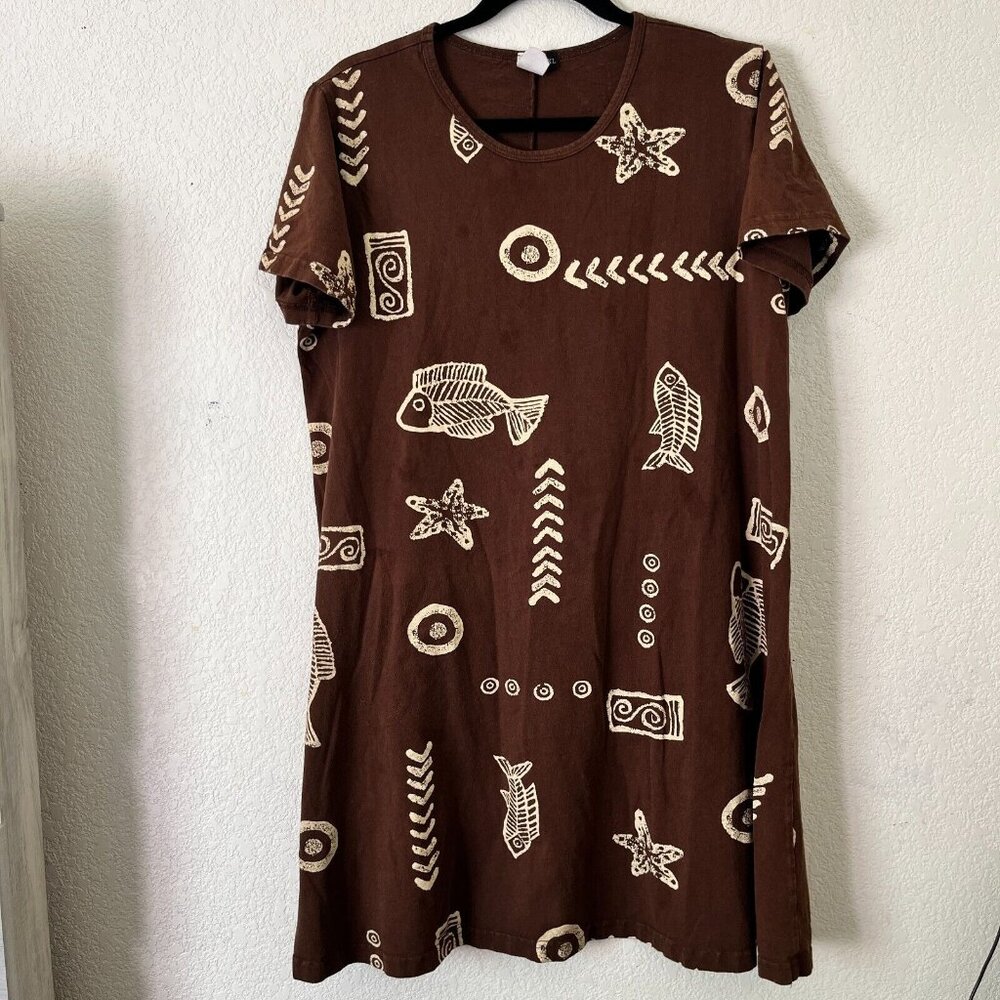 Kisses & Hugs Dress XL Brown White Starfish Fish Shells Beach Party Hawaiian